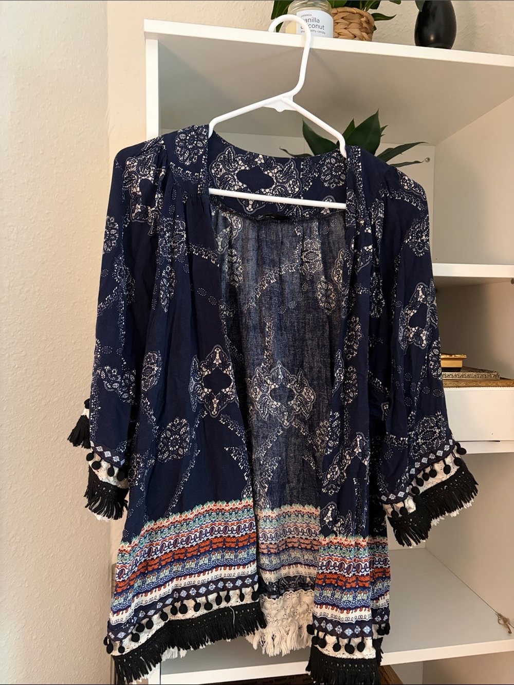 SHEIN Navy Bohemian Open-Front Kimono with Fringe - Medium
